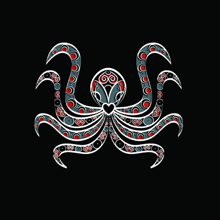 Colourful isolated abstract illustration of tribal octopus with symmetrical tentacles made out of white contours on black background underneath this quirky nautical embellishmentの写真素材
