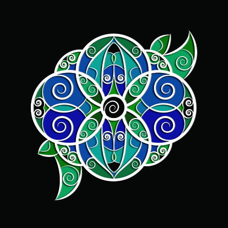 Colourful isolated abstract illustration of the ethnic circular flower and swirly leaves with white contours on black background under the quirky embellishmentの写真素材