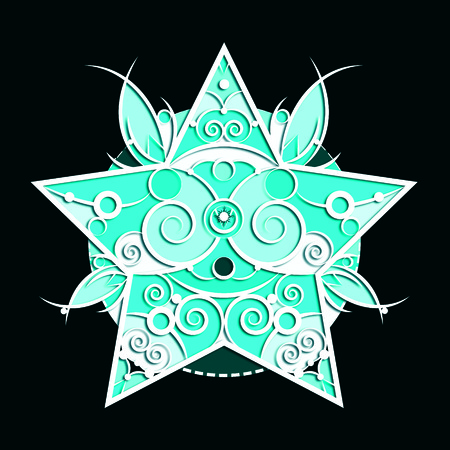 Blue and white isolated abstract illustration of tribal twinkling star with white contours on black backgroundの写真素材