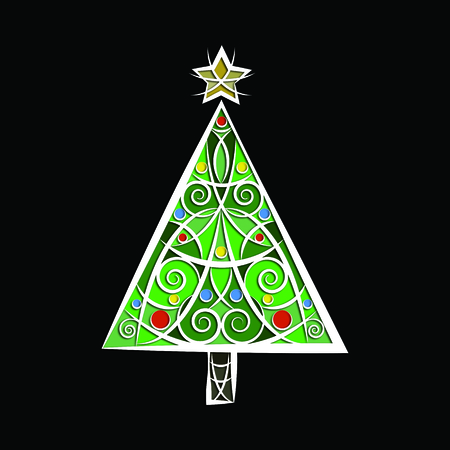 Colourful isolated abstract green Christmas tree illustration with white contours and colourful baubles as well as golden star above on a black backgroundの写真素材