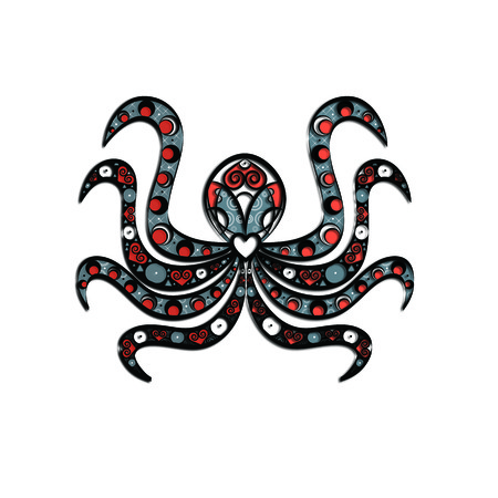 Colourful isolated abstract illustration of tribal octopus with symmetrical tentacles made out of black contours on white background and quirky patterns on this nautical embellishmentの写真素材