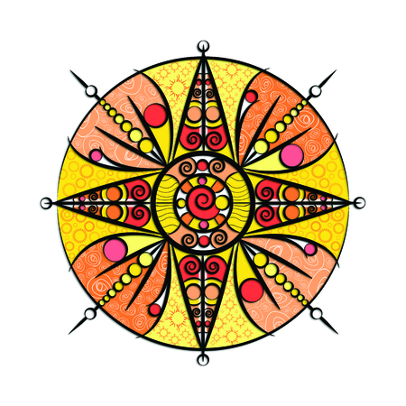 Colourful isolated abstract illustration of the shining ethnic mandala-like sun with black contours on white background and quirky patterns on the embellishmentの写真素材