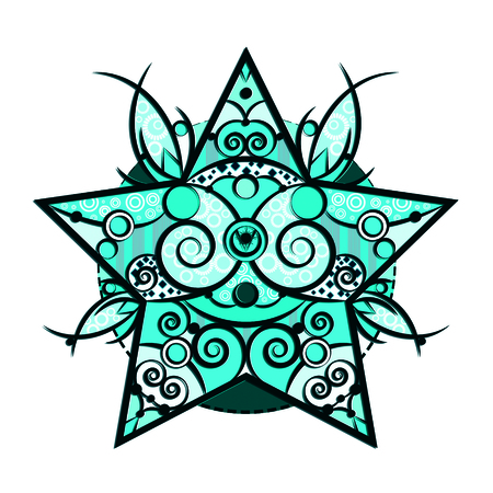 Blue and white isolated abstract illustration of tribal twinkling star on white background with black contours and quirky patterns on the embellishmentの写真素材