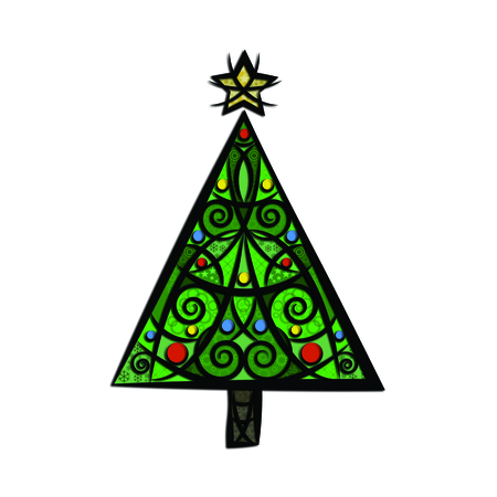 Colourful isolated abstract green Christmas tree illustration made out of black contours with colourful baubles and quirky patterns and golden and star above the embellishment on the white backgroundの写真素材