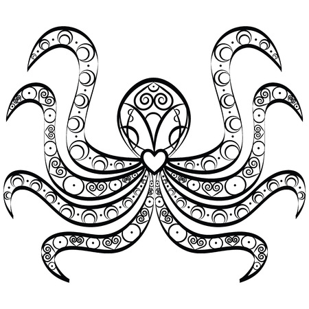 Black and white isolated abstract tribal octopus with black contours on white background under this quirky embellishmentのイラスト素材