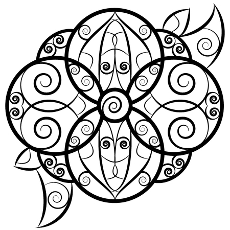 Black and white isolated abstract ethnic flower and swirly leaves with black contours on white background under the quirky embellishmentのイラスト素材