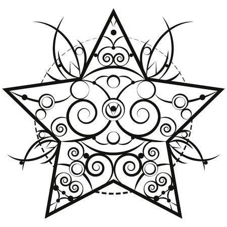 Black and white isolated of abstract twinkling tribal star made out of black contours on a white backgroundのイラスト素材