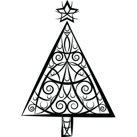 Black and white isolated abstract tribal Christmas tree with baubles and a star above, made out of black contours on a white backgroundのイラスト素材