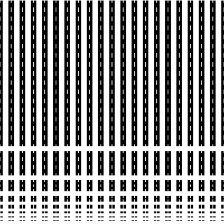 Black and white simple dynamic linear seamless symmetrical vector pattern with thick black vertical lines and thin white dashed linesのイラスト素材