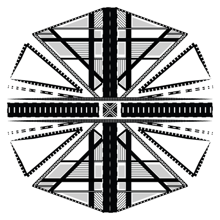 Black and white abstract geometric flower vector with horizontal, vertical and diagonal lines and triangle, rectangle, square and rhombus shapesのイラスト素材