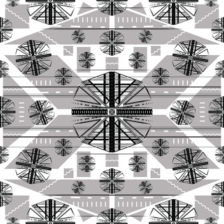 Black and white abstract, futuristic vector pattern with cogs-like elements, and grey geometric shapes in background and linesのイラスト素材