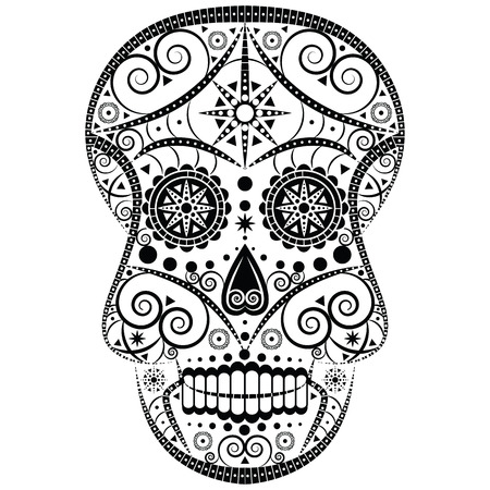 Black and white design of Mexican sugar skull Halloween and Day of the Dead symbol with floral, swirly and geometric elementsの写真素材