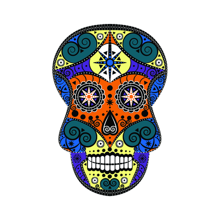 Colourful design of Mexican sugar skull Halloween and Day of the Dead symbol with floral, swirly and geometric elementsの写真素材
