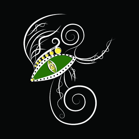 White outline of a dynamic fantasy clip art of a green and yellow eyed monster looking straight at the viewer with a single eye with swirly eyelashes on black backgroundの写真素材