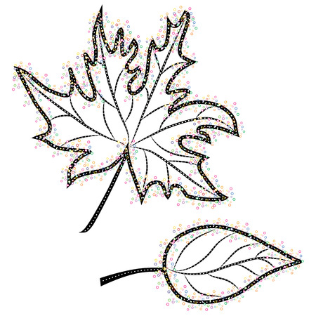 Dynamic, abstract vector design of two isolated decorative falling autumn leaves with black, white and colourful elements on white backgroundのイラスト素材