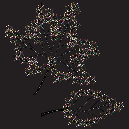 Dynamic, abstract vector design of two isolated decorative falling autumn maple and poplar leaves with black, white and colourful elements on black backgroundのイラスト素材