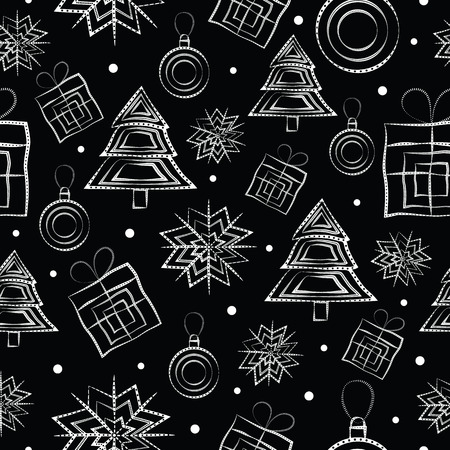 Black and white dynamic vector design of Christmas seamless pattern with white gifts, snowflakes, baubles, falling snow and Christmas trees, containing tribal elements on black backgroundのイラスト素材