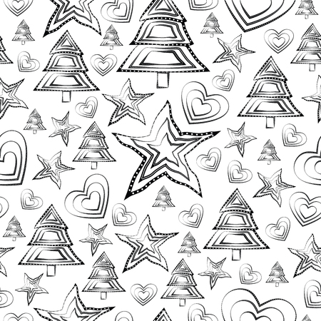 Black and white dynamic illustration of a seamless Christmas pattern with black hearts, stars and Christmas trees, containing tribal elements on white backgroundの写真素材