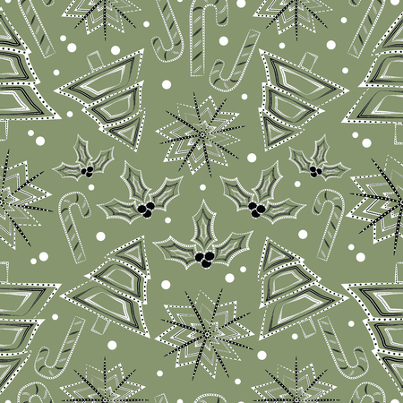 Black and white vector design of a seamless festive pattern with Christmas trees, snowflakes, holly plants, candy sticks and falling snow, containing tribal elements on natural green backgroundのイラスト素材