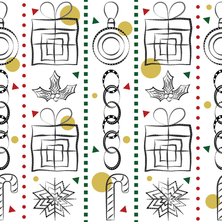 Vector design of a seamless festive pattern with black and white baubles, snowflakes, holly plants, candy sticks, gifts, paper chain and colourful geometric shapes on white backgroundのイラスト素材