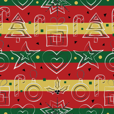 Vector design of a seamless festive pattern with black and white Christmas trees, stars, hearts, holly plants, candy sticks, gifts, snow, confetti and baubles on red, green and gold backdropのイラスト素材