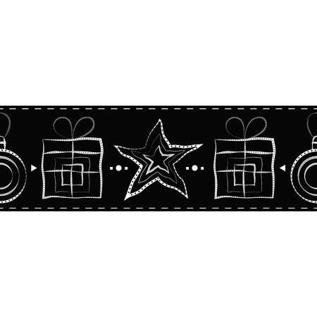 Festive vector design of a seamless horizontal border pattern with a black and white Christmas bauble, star and gift on black backgroundのイラスト素材