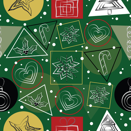 Vector design of a seamless festive pattern with black and white Christmas trees, stars, hearts, holly plants, candy sticks, gifts, snow, paper chains and baubles on green backgroundのイラスト素材