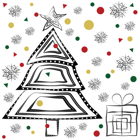 Festive vector illustration with black and white Christmas tree, gift, bauble, star, falling down snowflakes and colourful confetti on white backgroundのイラスト素材