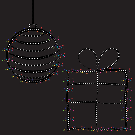 Abstract vector design of isolated decorative gift and Christmas bauble with colourful confetti and geometric elements on black backgroundのイラスト素材
