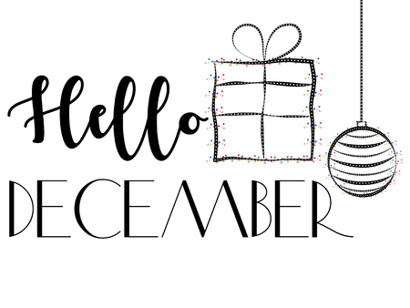 Black and white vector banner design with black Hello December lettering and isolated decorative gift and Christmas bauble with colourful confetti and geometric elements on white backgroundのイラスト素材