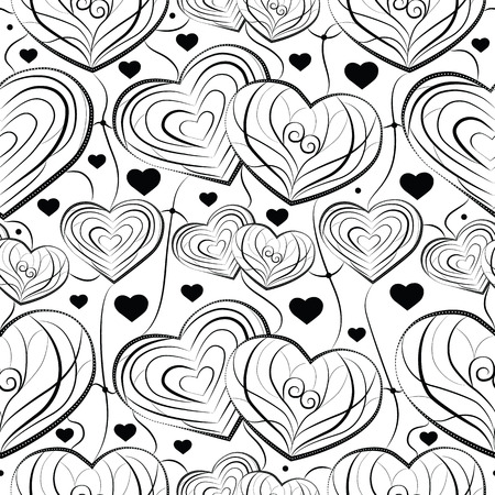 Black and white abstract vector design of seamless pattern with ornamental, linear love hearts close to each other attached to the strings. Perfect design for Valentine's Day and wedding dayのイラスト素材