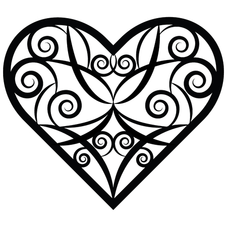 Black and white isolated abstract vector design of the tribal heart with thick lines and spirals surrounded by black contour on white background perfect for Valentine's Dayのイラスト素材