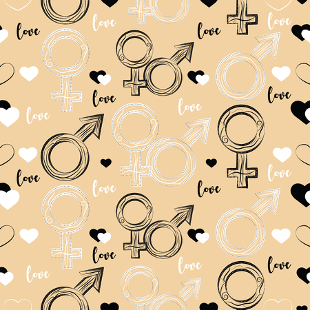 Vector design of seamless pattern with black and white ornamental female and male signs, love hearts and love word on soybean colour backgroundのイラスト素材