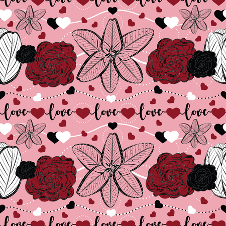 Vector design of floral seamless pattern with white, black, red and pink ornamental rose, lily and tulip flowers, love hearts and love word on pink backdrop. Perfect design for Valentine's Dayのイラスト素材
