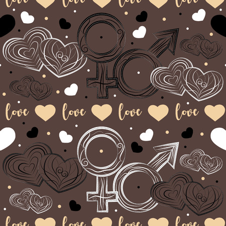 Vector design of seamless pattern with black and white ornamental female and male symbols, soybean colour love hearts and love word on brown granite like backgroundのイラスト素材