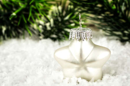 A bright white star in the snow with fir branch in the backgroundの写真素材