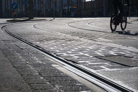 streetcar rails with cobbles - ground-upの写真素材