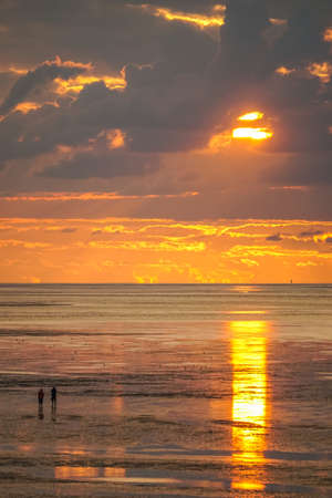 A couple walking in the sunset through the Wadden Seaの写真素材