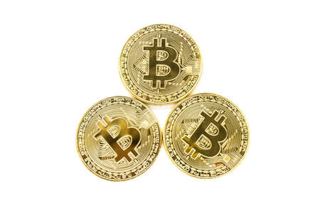 Three bitcoins isolated on whiteの写真素材