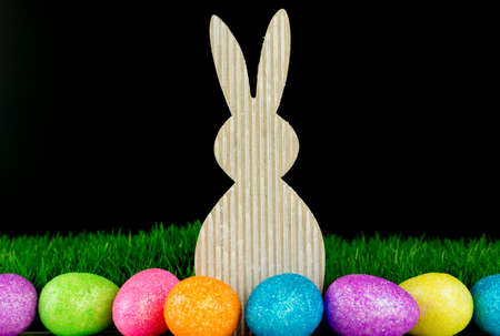 Easter decoration, colorful eggs and bunnyの写真素材