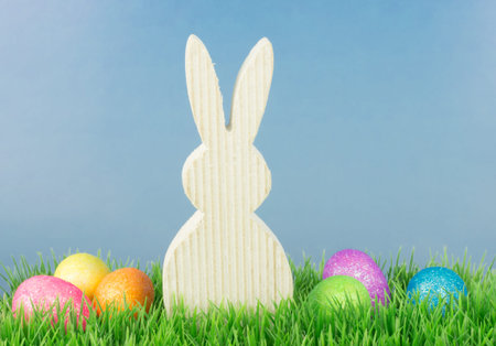 Easter decoration, colorful eggs and bunny