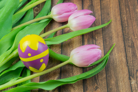 Fresh tulips with a beautiful Easter egg, wooden table and copy space