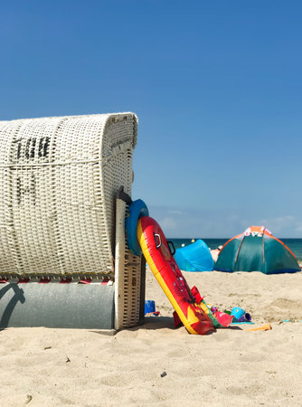 Beach chair with air mattress on a beach at the German Baltic Sea coast