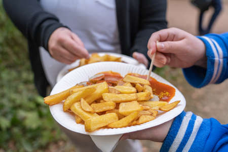 Paper plate with traditional German Currywurst and french friesの写真素材