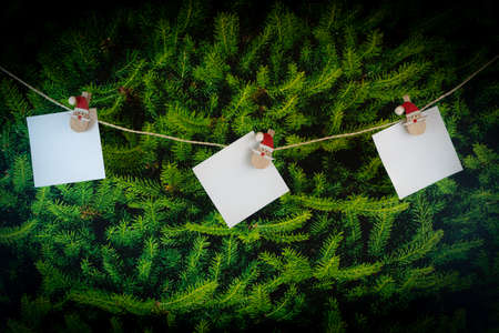 White blank sticky notes with a Santa Claus head attached to a cord, in the background a fir tree, copy spaceの写真素材