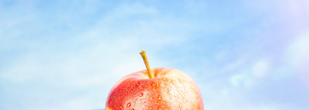Fresh red apple fruit with water drops, blue sky background and copy space, banner
