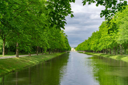 Park with lots of trees and a wooden bench in Kassel, Germanyの写真素材