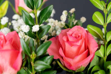 Beautiful pink rose flower bouquet with black backgroundの写真素材
