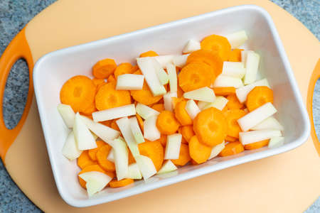 Freshly cut carrots and kohlrabiの写真素材