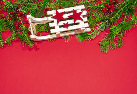 Merry Christmas or New Year decoration red backgroundの写真素材